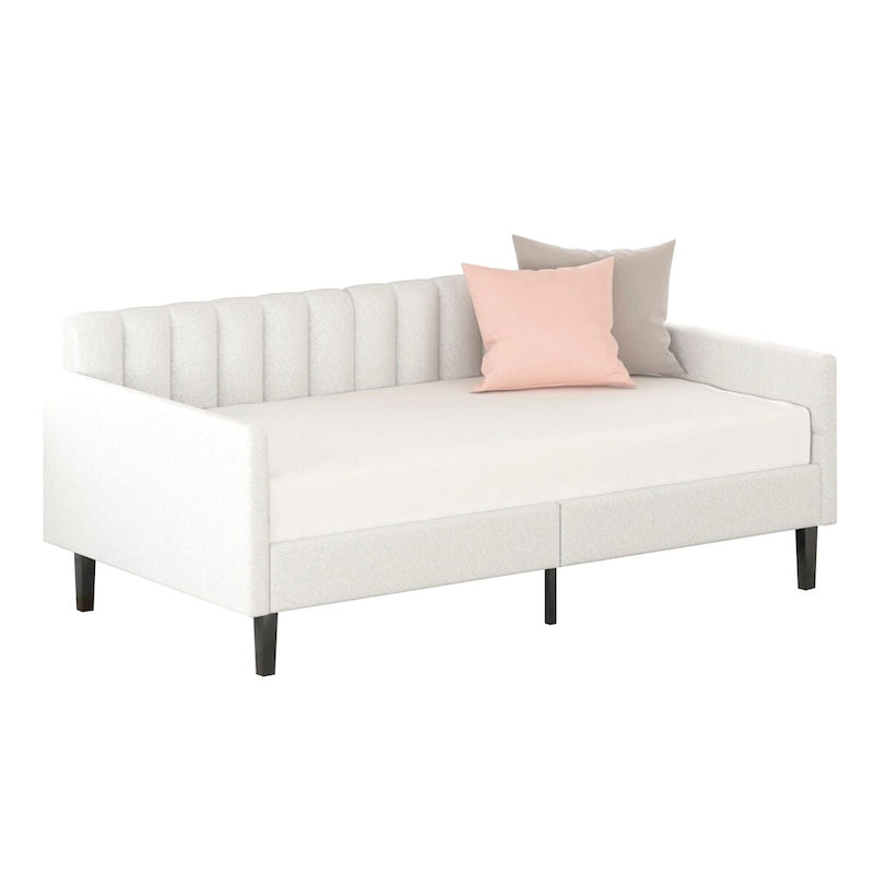 Divano letto singolo imbottito in boucle color avorio con schienale trapuntato a coste