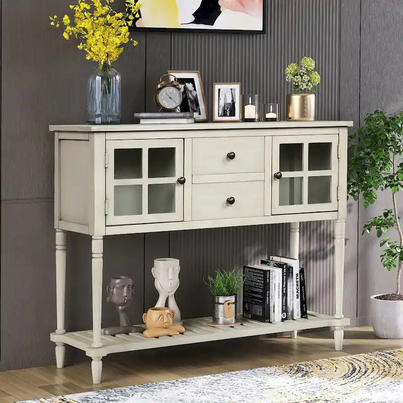Credenza/Buffet con ante in vetro blu/grigio/bianco, cassetti e ripiano inferiore