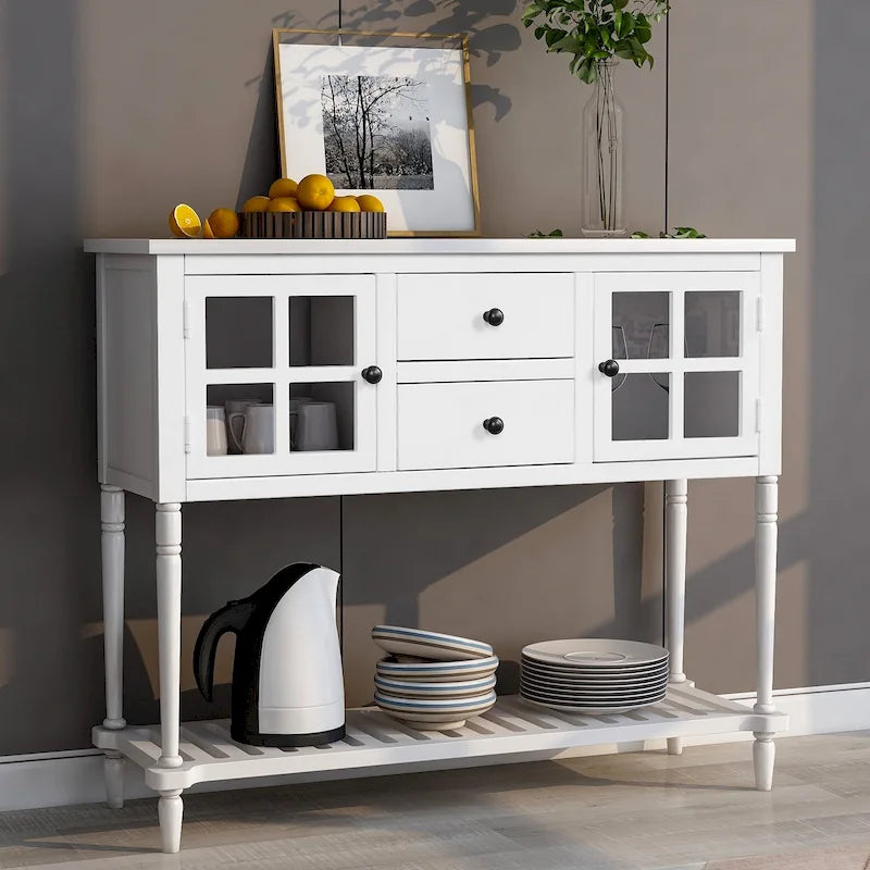 Credenza/Buffet con ante in vetro blu/grigio/bianco, cassetti e ripiano inferiore