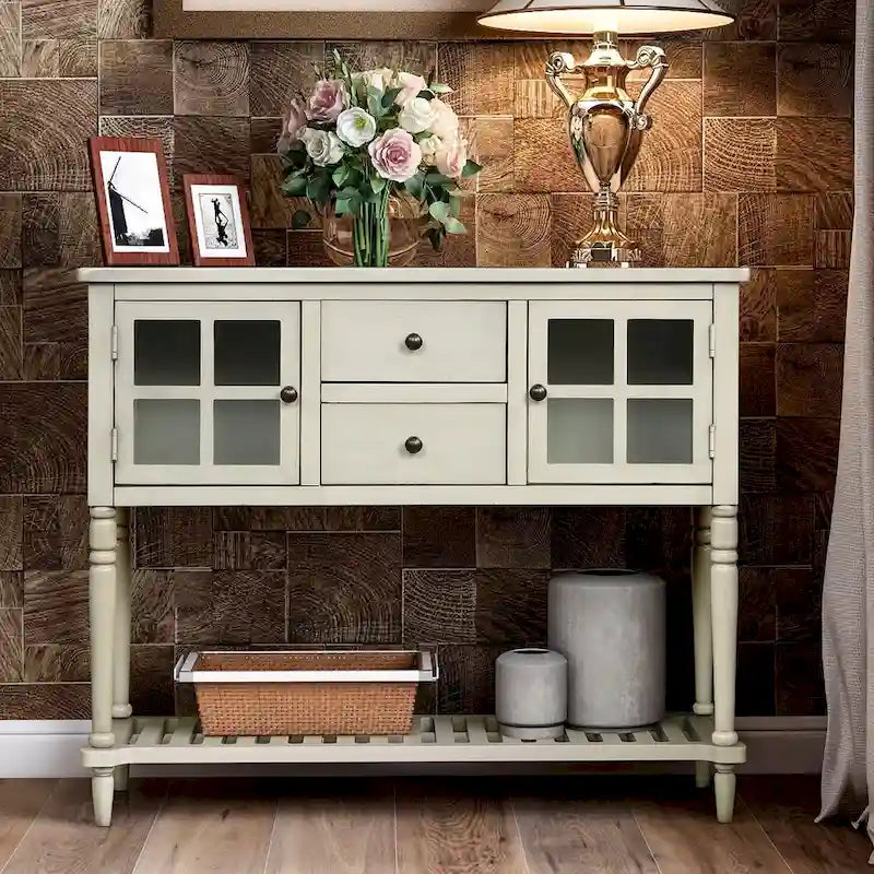 Credenza/Buffet con ante in vetro blu/grigio/bianco, cassetti e ripiano inferiore