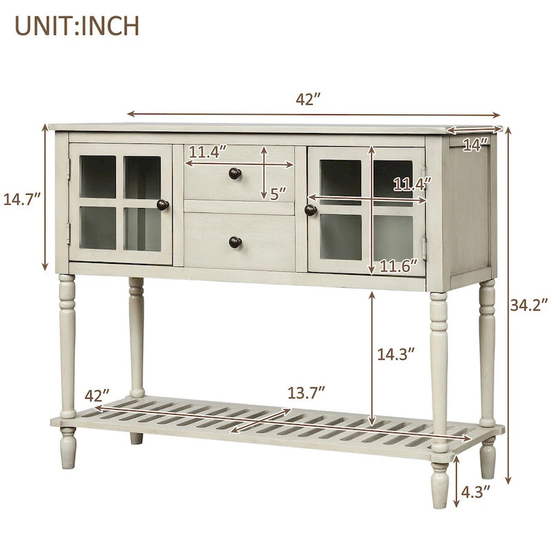 Credenza/Buffet con ante in vetro blu/grigio/bianco, cassetti e ripiano inferiore