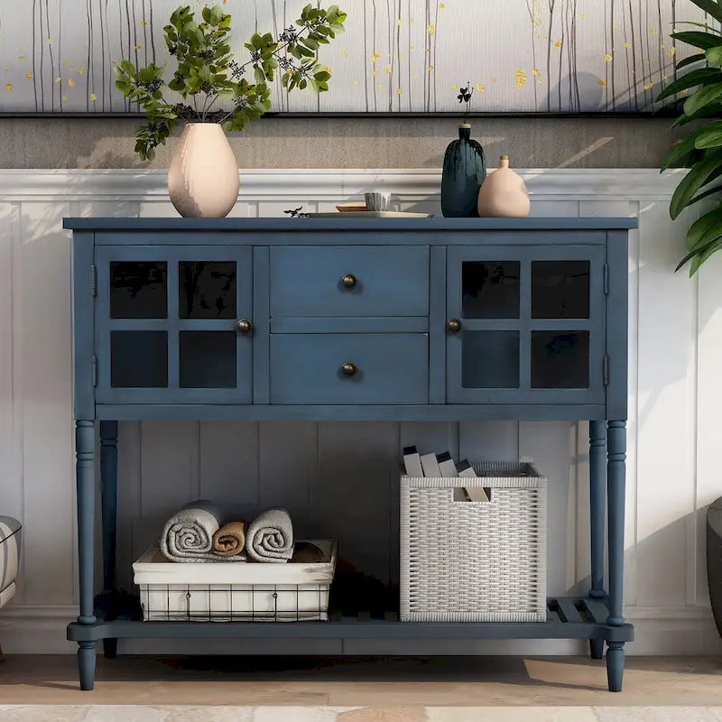 Credenza/Buffet con ante in vetro blu/grigio/bianco, cassetti e ripiano inferiore
