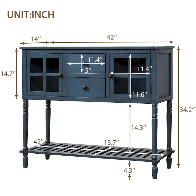 Credenza/Buffet con ante in vetro blu/grigio/bianco, cassetti e ripiano inferiore