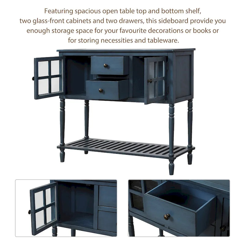 Credenza/Buffet con ante in vetro blu/grigio/bianco, cassetti e ripiano inferiore