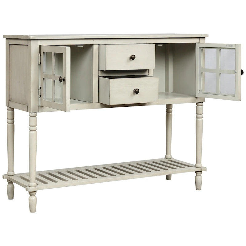 Credenza/Buffet con ante in vetro blu/grigio/bianco, cassetti e ripiano inferiore