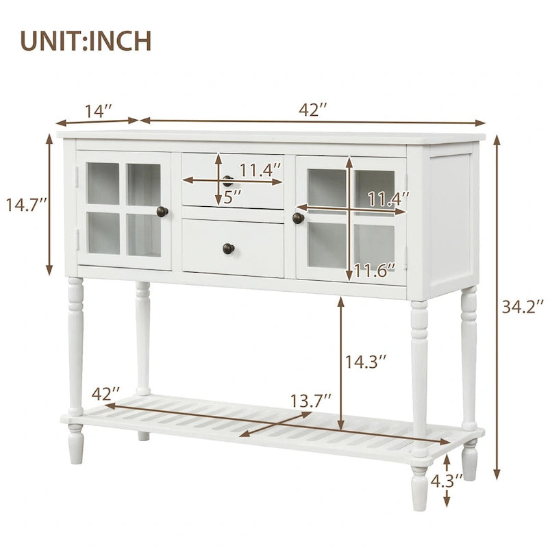 Credenza/Buffet con ante in vetro blu/grigio/bianco, cassetti e ripiano inferiore