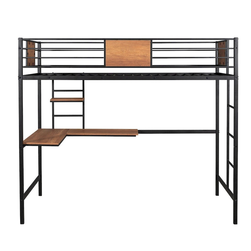 Letto a soppalco matrimoniale in metallo nero/bianco con scrivania e mensole (singolo)