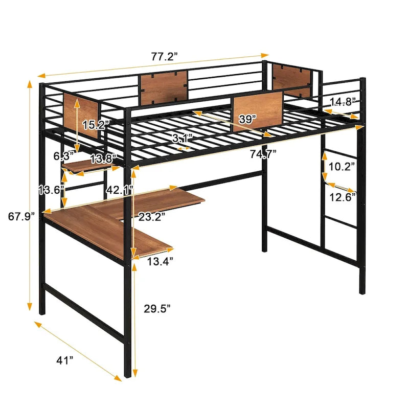 Letto a soppalco matrimoniale in metallo nero/bianco con scrivania e mensole (singolo)