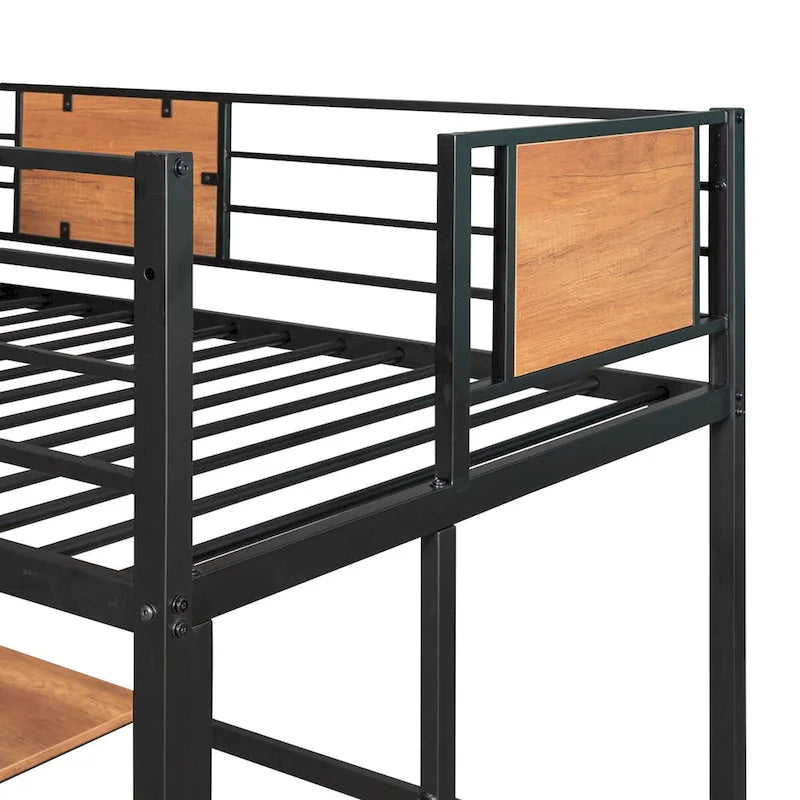 Letto a soppalco matrimoniale in metallo nero/bianco con scrivania e mensole (singolo)