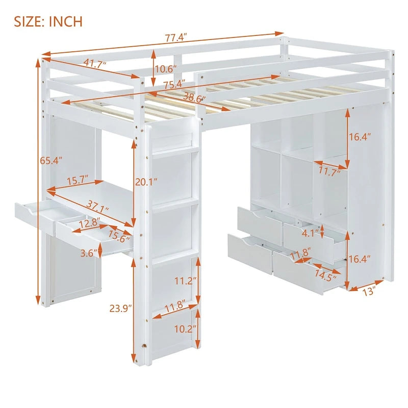 Merax Loft Bed with large shelves, writing desk and LED Light