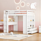 Letto a soppalco in pino e compensato bianco/grigio con scrivania, mensole, cassetti e luce LED (matrimoniale alla francese/matrimoniale)