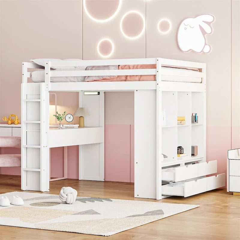 Letto a soppalco in pino e compensato bianco/grigio con scrivania, mensole, cassetti e luce LED (matrimoniale alla francese/matrimoniale)