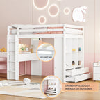 Letto a soppalco in pino e compensato bianco/grigio con scrivania, mensole, cassetti e luce LED (matrimoniale alla francese/matrimoniale)