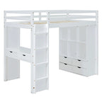 Letto a soppalco in pino e compensato bianco/grigio con scrivania, mensole, cassetti e luce LED (matrimoniale alla francese/matrimoniale)