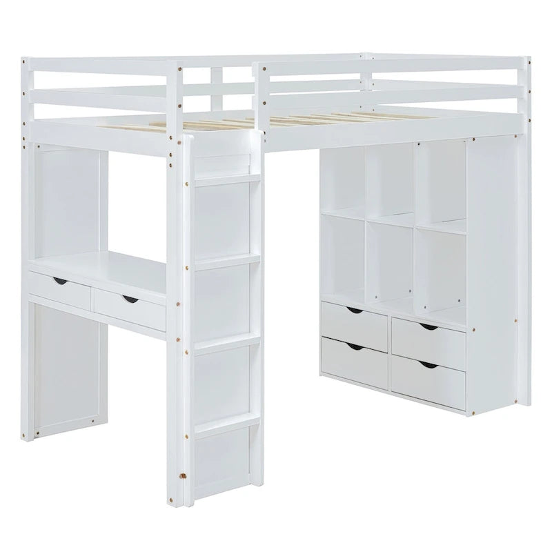 Letto a soppalco in pino e compensato bianco/grigio con scrivania, mensole, cassetti e luce LED (matrimoniale alla francese/matrimoniale)