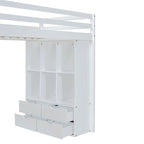 Letto a soppalco in pino e compensato bianco/grigio con scrivania, mensole, cassetti e luce LED (matrimoniale alla francese/matrimoniale)