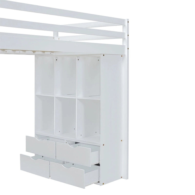 Letto a soppalco in pino e compensato bianco/grigio con scrivania, mensole, cassetti e luce LED (matrimoniale alla francese/matrimoniale)