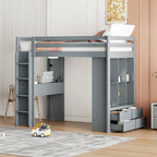 Letto a soppalco in pino e compensato bianco/grigio con scrivania, mensole, cassetti e luce LED (matrimoniale alla francese/matrimoniale)