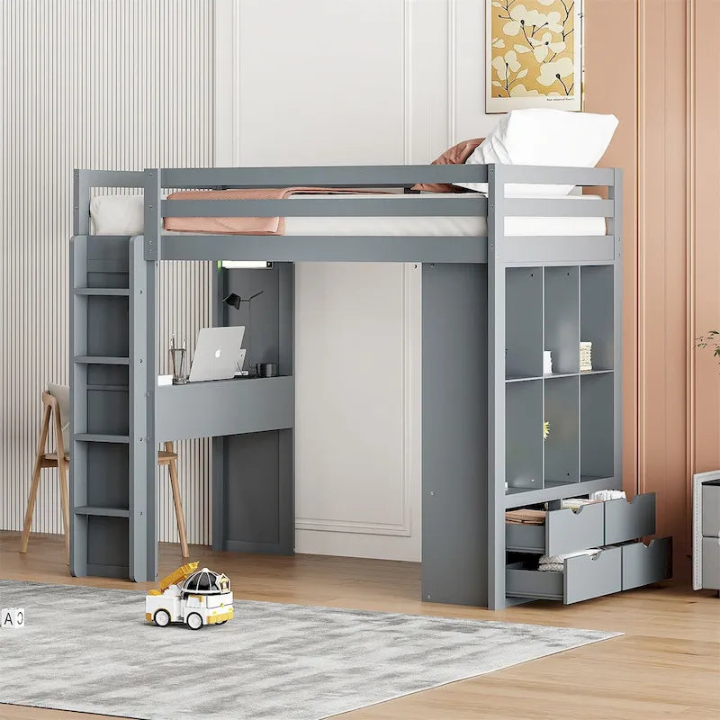 Letto a soppalco in pino e compensato bianco/grigio con scrivania, mensole, cassetti e luce LED (matrimoniale alla francese/matrimoniale)