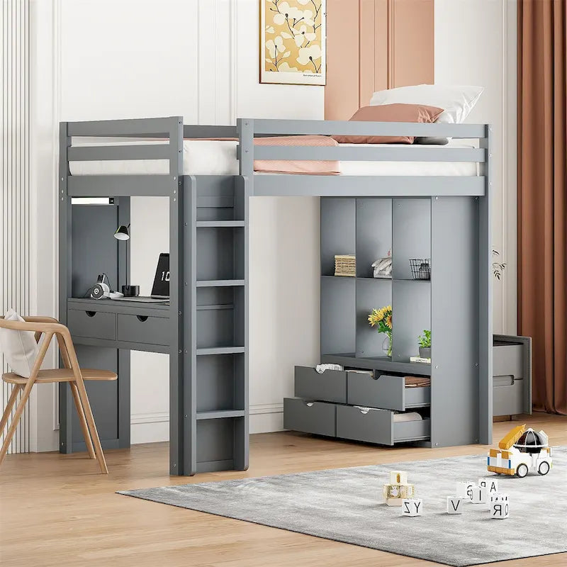 Letto a soppalco in pino e compensato bianco/grigio con scrivania, mensole, cassetti e luce LED (matrimoniale alla francese/matrimoniale)