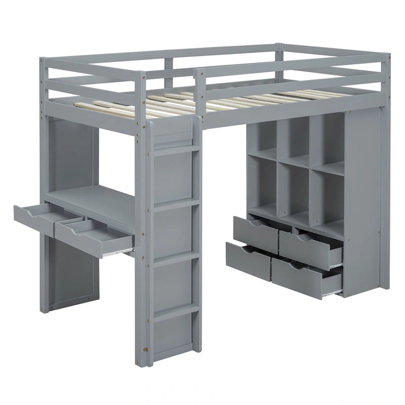 Letto a soppalco in pino e compensato bianco/grigio con scrivania, mensole, cassetti e luce LED (matrimoniale alla francese/matrimoniale)