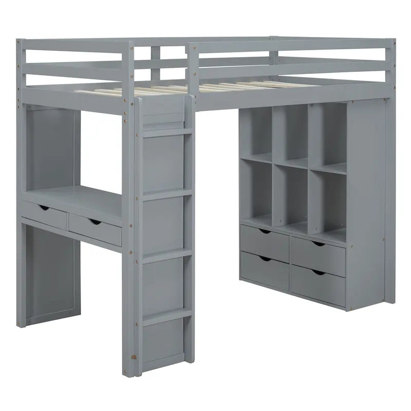 Letto a soppalco in pino e compensato bianco/grigio con scrivania, mensole, cassetti e luce LED (matrimoniale alla francese/matrimoniale)