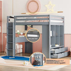 Letto a soppalco in pino e compensato bianco/grigio con scrivania, mensole, cassetti e luce LED (matrimoniale alla francese/matrimoniale)