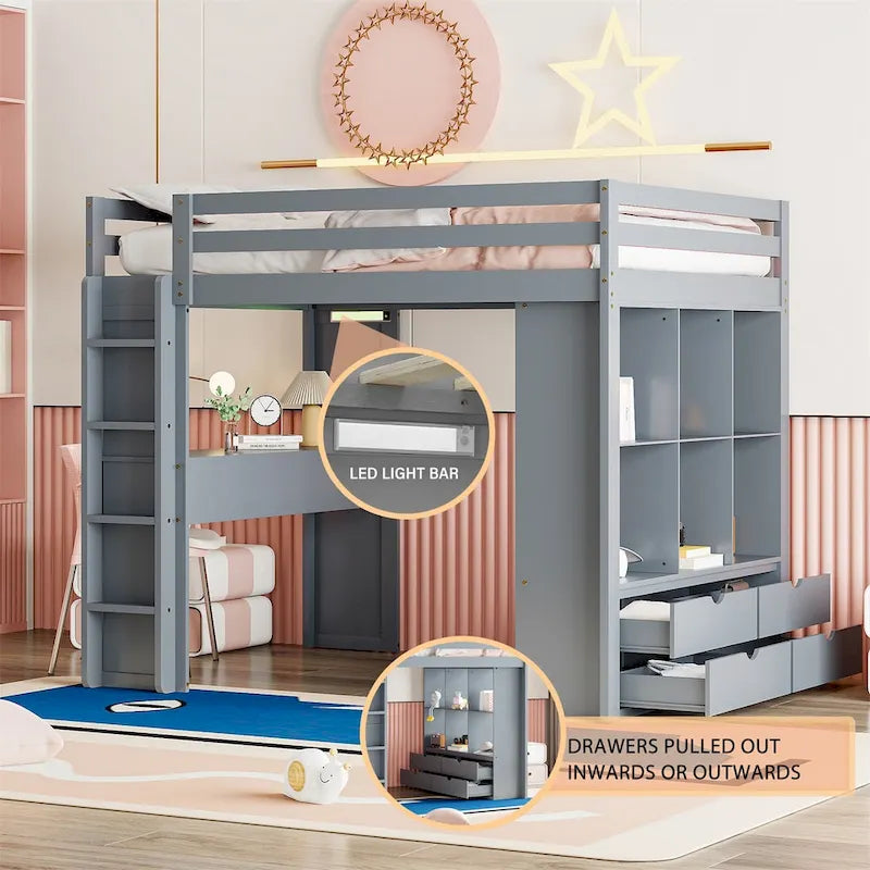 Letto a soppalco in pino e compensato bianco/grigio con scrivania, mensole, cassetti e luce LED (matrimoniale alla francese/matrimoniale)