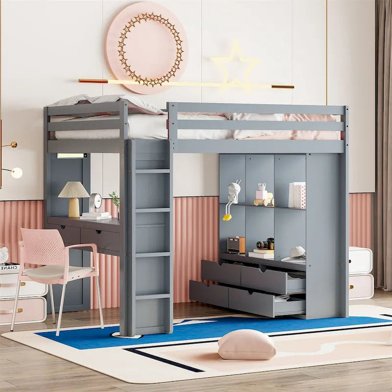 Letto a soppalco in pino e compensato bianco/grigio con scrivania, mensole, cassetti e luce LED (matrimoniale alla francese/matrimoniale)