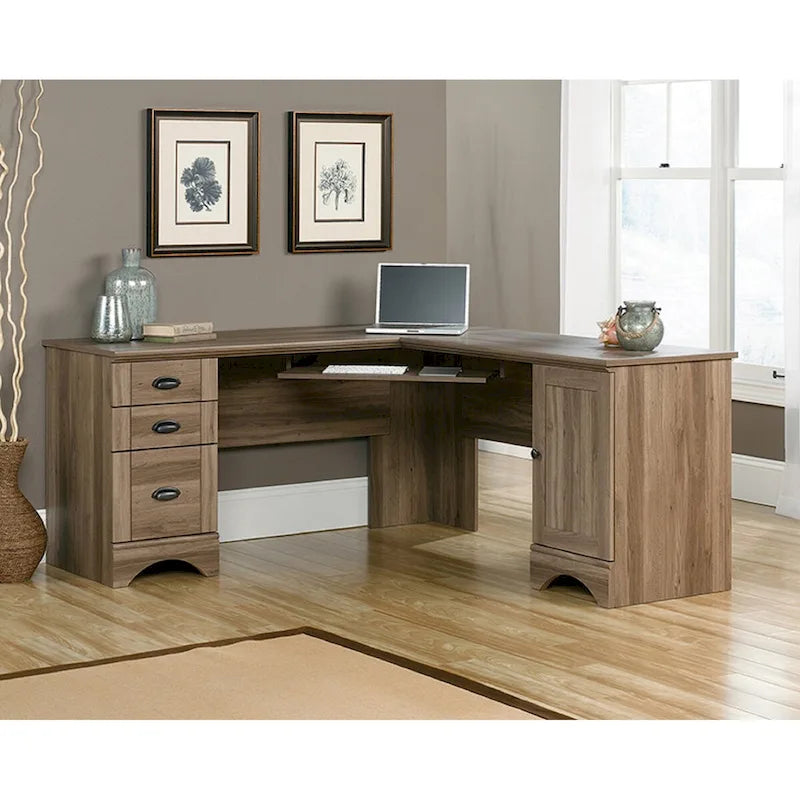 Scrivania ad angolo a L grigia/legno – Stile direzionale, Uso singolo
