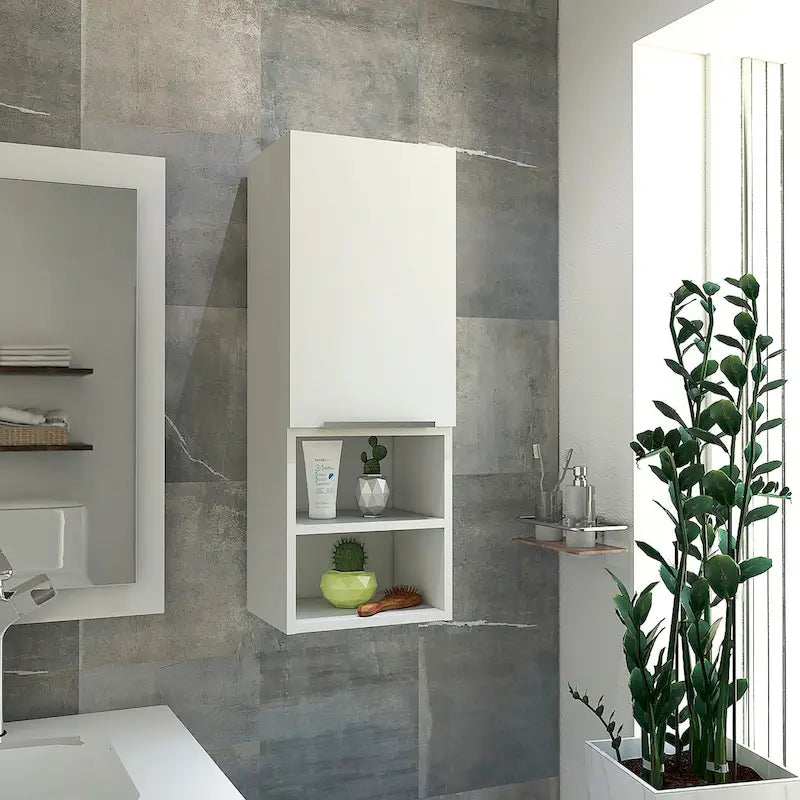 Armadietto da bagno con anta singola, in bianco e nero, con 2 ripiani interni e 2 esterni