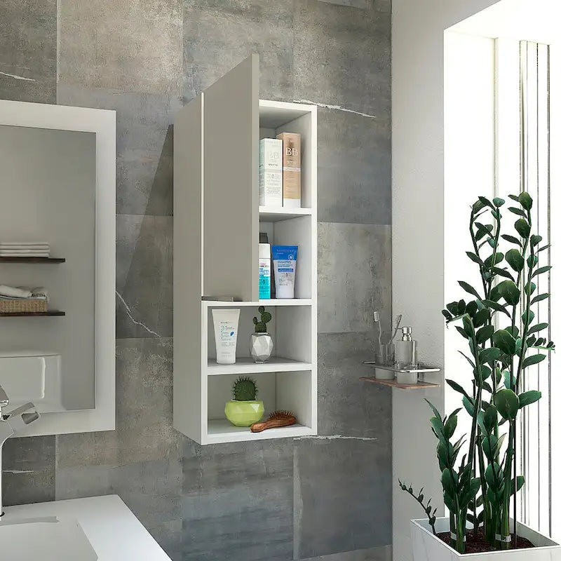 Armadietto da bagno con anta singola, in bianco e nero, con 2 ripiani interni e 2 esterni
