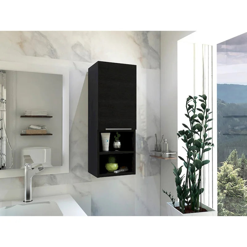 Armadietto da bagno con anta singola, in bianco e nero, con 2 ripiani interni e 2 esterni