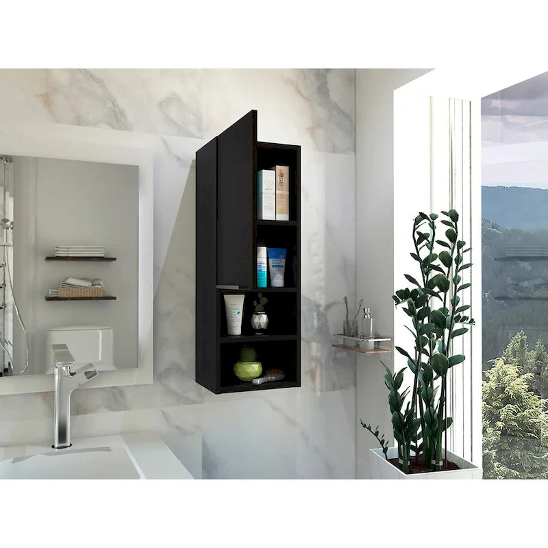 Armadietto da bagno con anta singola, in bianco e nero, con 2 ripiani interni e 2 esterni